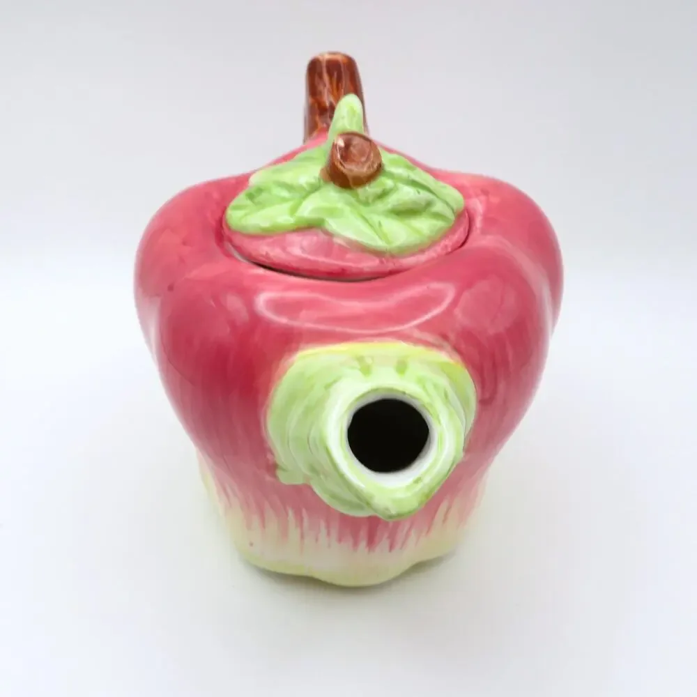 Vintage Apple Shaped Ceramic Teapot Single Serve Reddish Pink and Green 8 Oz